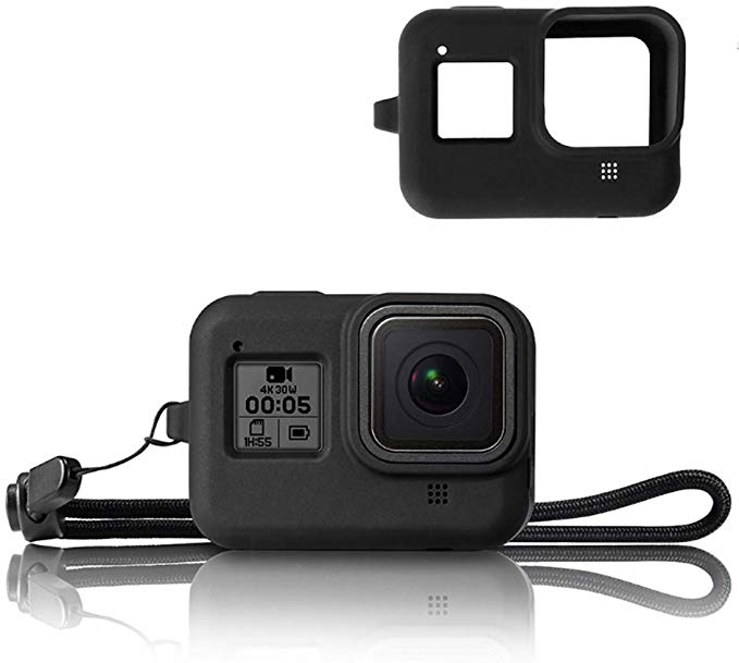 GoPro HERO8 케이스 실리콘 커버 Jasmile 소프트 충격 흡수 전면 보호 스트랩있는 찰과상 방지 간이 탈착 카메라 보호 커버 액세서리 (블랙)