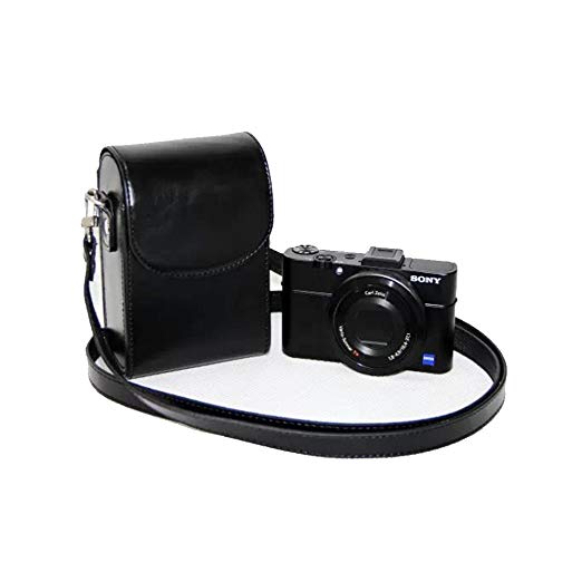 Mercs 고급 합피 가죽 미러리스 일안 범용 카메라 케이스 Sony RX100 전용 여러 기종 호환 어깨 벨트 포함 (블랙) 블랙