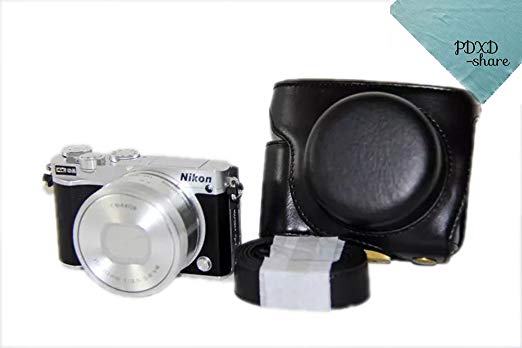 PDXD-SHARE NIKON 1 J5 (렌즈 : 10 ~ 30mm) 가죽 카메라 케이스 카메라 가방 PU 가죽 삼각대 구멍 라이트 브라운 스트랩 (블랙) 블랙