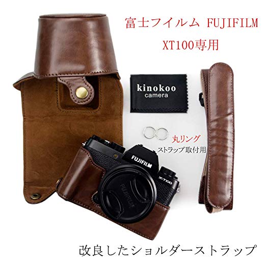 kinokoo 후지 필름 FUJIFILM XT100 전용 카메라 케이스 15-45 mm 렌즈 대응 PU 가죽 배터리 교환 수 삼각대 나사 구멍 숄더 스트랩 전면 