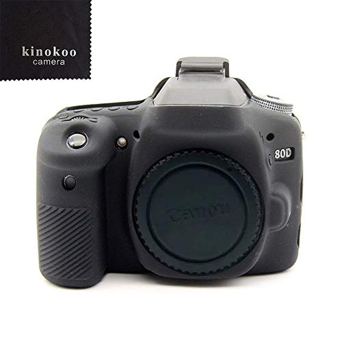kinokoo CANON 80D 디지털 카메라 전용 실리콘 커버 카메라 케이스 카메라 커버 표지 크로스 포함 (BK) BK