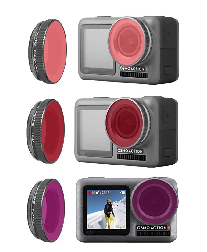 Rantow 3 팩 OSMO Action 다이빙 필터, 마젠타 + 레드 + 핑크 스노클링 수중 방수 렌즈 필터 키트 DJI OSMO 액션 카메라 다이브 야외 스포