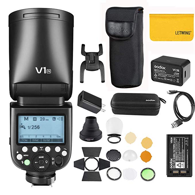 Godox V1N TTL 온 카메라 원형 카메라 플래시 스피드 라이트, Nikon 제 카메라 지원 + Godox AK-R1 포켓 플래시 악세사리 인물 사진, 정물