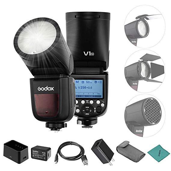 [Godox 공인] Godox V1N 섬광 스트로브 라운드 헤드 프레 넬 줌 TTL HSS 고속 1 / 8000s Andoer 크리 닝 크로스 포함 니콘 D530