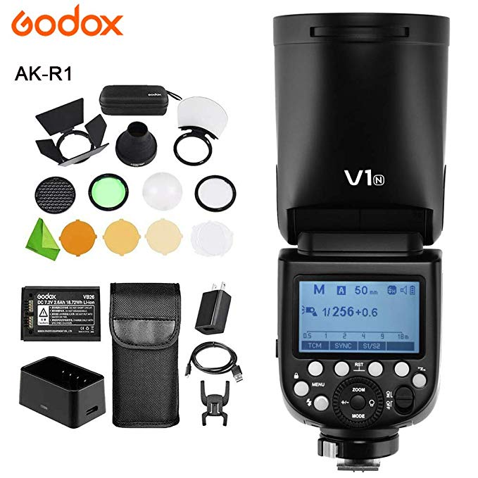 Godox V1-N 라이트 + Godox AK-R1 액세서리 키트 + 리튬 이온 배터리 + USB 충전 스턴트 포켓 플래시 라이트 1/8000 HSS TTL 온 