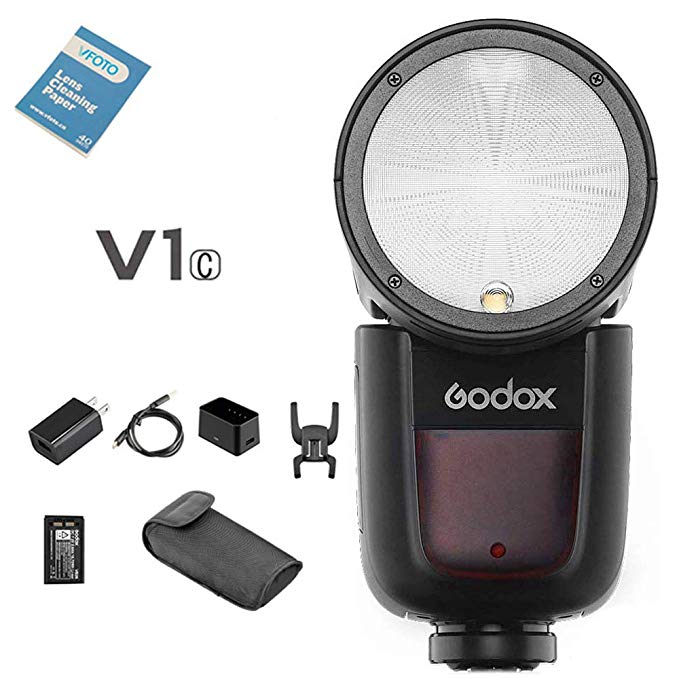 Godox V1-C 플래시 용 스피드 라이트 캐논 카메라와 호환되는 TTL 온 카메라 라운드 카메라 플래시 + 리튬 이온 배터리 + USB 충전 묘기