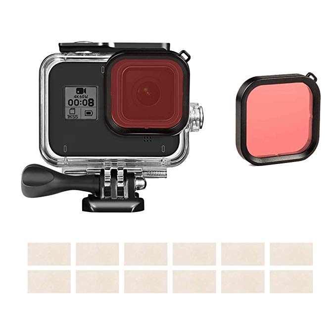 XIAOYINREN GoPro HERO 8 BLACK 전용 다이빙 하우징 케이스 + 레드 필터 (1 종류 세트) 방수 하우징 색 보정 필터 수중 촬영 세트 김서림
