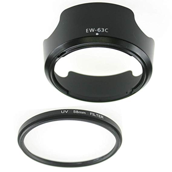 Canon 캐논 렌즈 후드 및 UV 보호 렌즈 필터 2 종 세트 호환 (EW-63C & 58mm 필터)