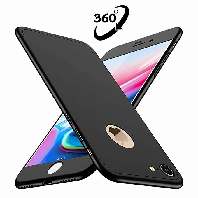 iphone 8 보호 커버 FHXD 360도 전면 보호 초박형 스마호케스 PC 하드 케이스 찰과상 방지 충격 낙하 방지 3 인 1 보호 케이스 (블랙) 블랙