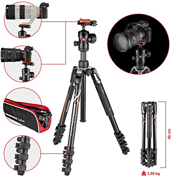 Manfrotto 삼각대 Befree 고급 알루미늄 4 단 자유 운대 레버 잠금 식 L 삼각대 키트 소니 α7, α9 전용 퀵 릴리즈 플레이트 MKBFRLA-BH