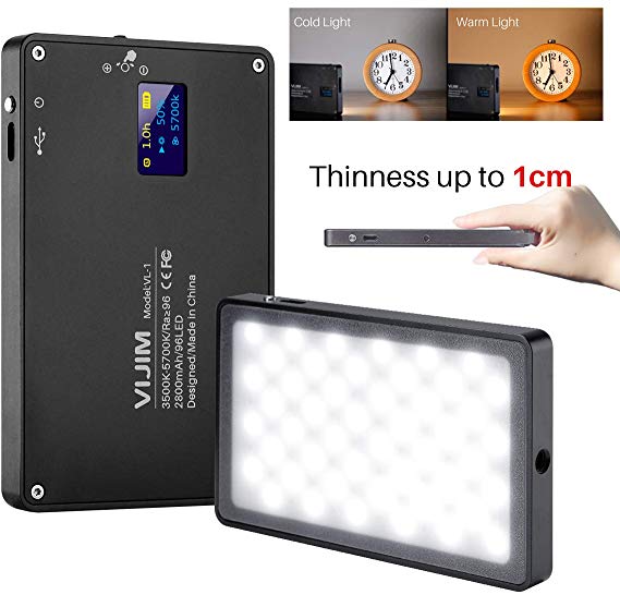 VIJIM 96LED 비디오 라이트 촬영 조명 라이트 충전식 초박형 LED 패널 OLED 스크린 CRI 96+ 높은 연색성 포켓 밝기와 색온도 조절 3200K-5