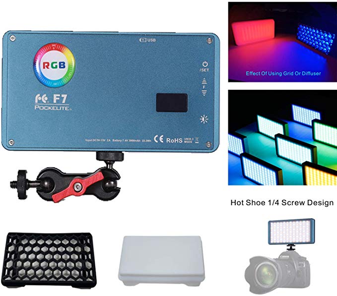 [재고 있음] FalconEyes F7 12W RGB 라이트 벌집 소프트 첨부 Mini 포켓 카메라 라이트 자석 흡착 기능 Bi-Color2500K-9000K C