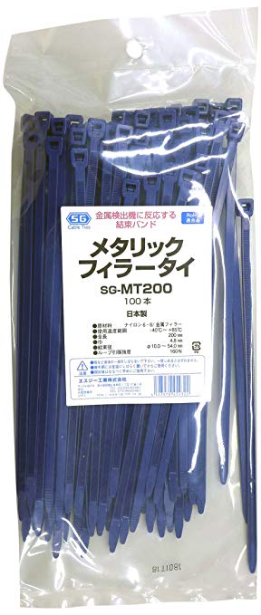 에스지 산업 금속 필러 타이 이물 혼입 대책 금속 탐지기에 반응하는 결속 밴드 길이 200mm 청색 SG-MT200 (100 병)