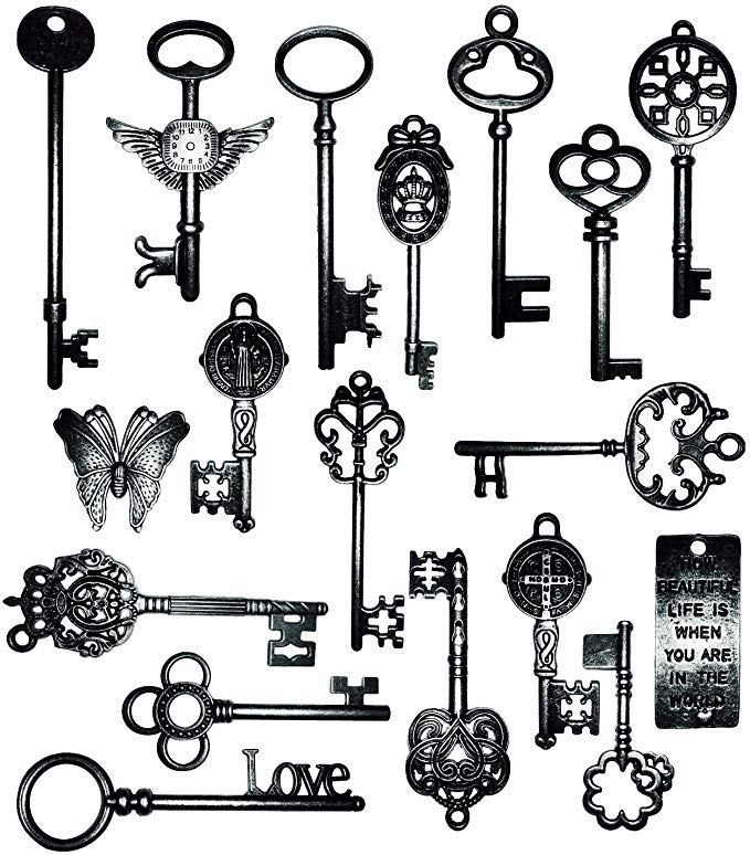 18 개의 키 팩 세트, 빈티지 해골 키 매력의 골동품 청동 다른 스타일 키, 보석, 열쇠, 악사 세리 부품 손 구조 (Black) Black