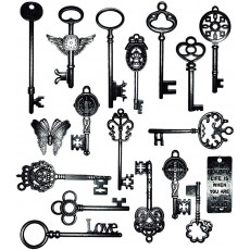 18 개의 키 팩 세트, 빈티지 해골 키 매력의 골동품 청동 다른 스타일 키, 보석, 열쇠, 악사 세리 부품 손 구조 (Black) Black