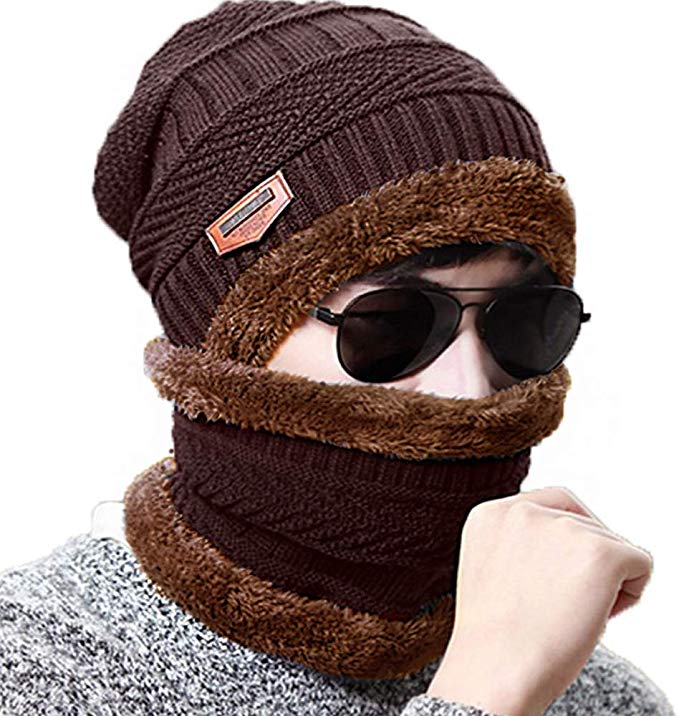 [2 종 세트] 니트 모자 넥 워머 뒤에서 기모 모자 방한 따뜻한 스키 통근 통학 가을 겨울 니트 모자 남녀 겸용 브라운
