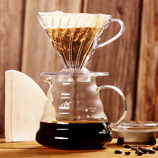 【세트 구매] 커피 서버 내열 유리 600ml 다기능 주전자 커피 드립 50 종이 필터가있는 2 개분 ~ 4 개분 뚜껑 (600ml)