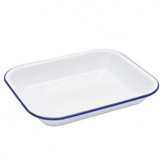 (Solid White with Blue Trim) - Enamelware Small Open Roasting Pan, Vintage White with Blue
