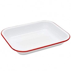 (Solid White with Red Trim) - Enamelware Small Roasting Pan - Solid White with Red Rim