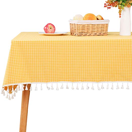 노란색과 흰색 체크 무늬의 술 직사각형 테이블 크로스 코튼 린넨 주방 식당 탁상 테이블 커버 140 × 180cm 옐로우 체크