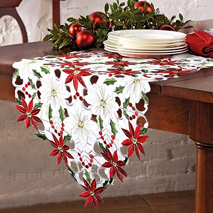 Flushbay 크리스마스 장식 테이블 러너 세련된 유럽풍 테이블 러너 빨간색 꽃 무늬 자수 식탁 장식 플레이스 매트 식사 매트 방오 단열 미끄럼 방지 빠는 17
