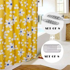 CDGroup 샤워 커튼 욕실 커튼 욕실 방수 곰팡이 커튼 링 부속 3D 목욕 커튼 120x180cm 노란색, 흰색 꽃 아이 좋아하는 스타일 샤워 커튼 후크 커튼