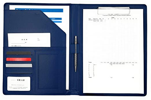 PU 가죽 다기능 클립 보드 클립 파일 A4 사이즈 서류 폴더 바인더 명함 카드 포켓 펜 홀더 탑재 양각 (블루)