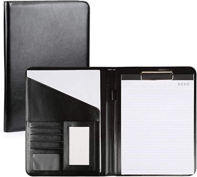 Kesote 클립 보드 폴더 A4 폴더 형 메모지있는 PU 가죽 다기능 파일 수납 포켓 바인더 회의 패드 검정