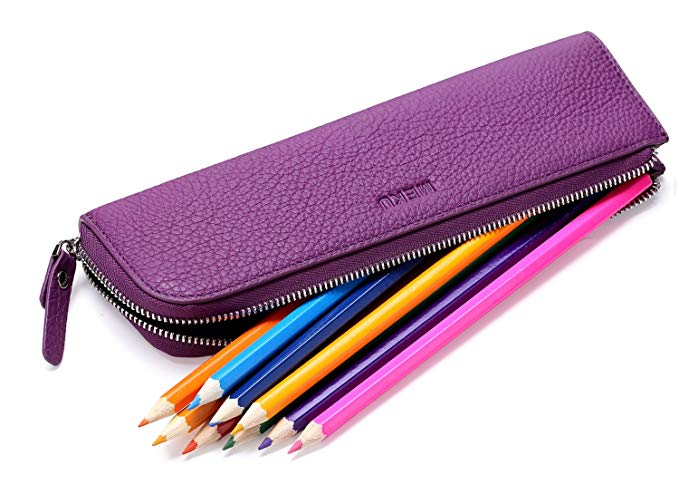 (Purple) - MEKU Pencil Case Genuine Leather Pen Case Stationery Bag Zipper Pouch Pencil Ho