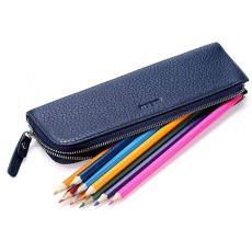 (Blue) - MEKU Pencil Case Genuine Leather Pen Case Stationery Bag Zipper Pouch Pencil Hold
