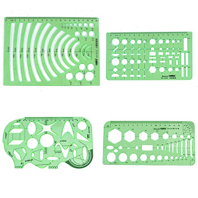 BronaGrand 4 개들이 플라스틱 템플릿 통치자 그리기 도구 기하학 자 측정 도구 학교 나 사무실의 제도 용품 (클리어 그린)