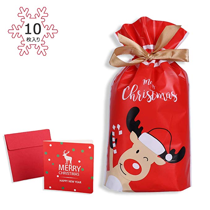 【10 개 세트】 MoKayo 크리스마스 선물 가방 백이 바닥 마치있는 포장 S 메시지 카드 포함 (순록) 순록