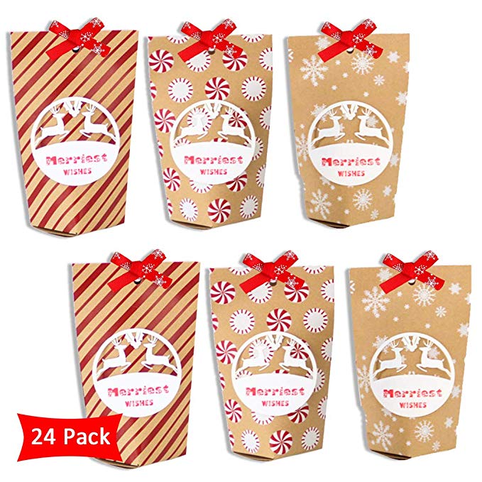 Jiaxingo 크리스마스 선물 가방 베이킹 가방 사탕 스낵 가방 24 종 세트 과자 초콜릿 쿠키 눈송이 엘크 지갑 포장 봉투 종이 봉투 사각형 아래쪽 가방 식품