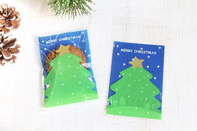 [Fuwari] 크리스마스 트리 가방 파우치 과자 포장 100 매 포장 봉투 소분 선물 (파랑) 블루